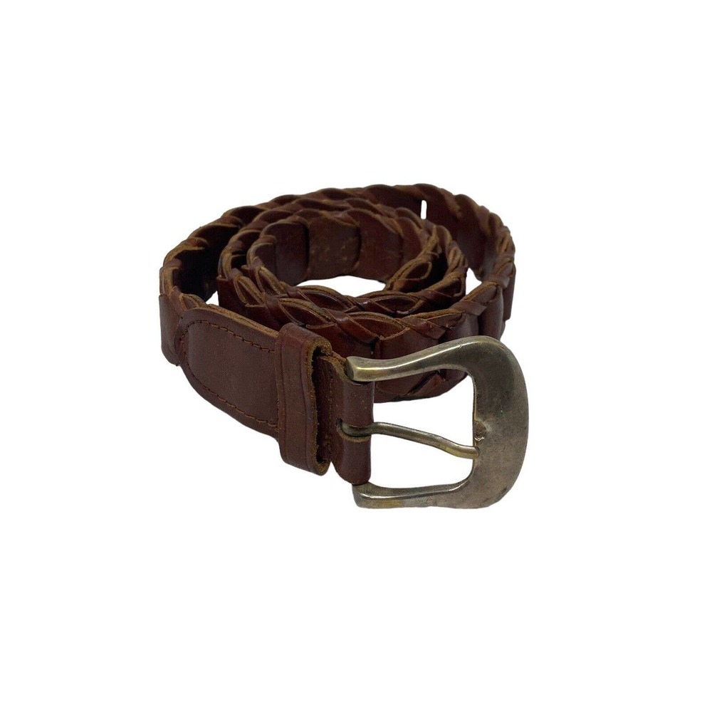 Vintage Brown Leather Plaited Woven Belt W/ Solid Brass Buckle Sz 34